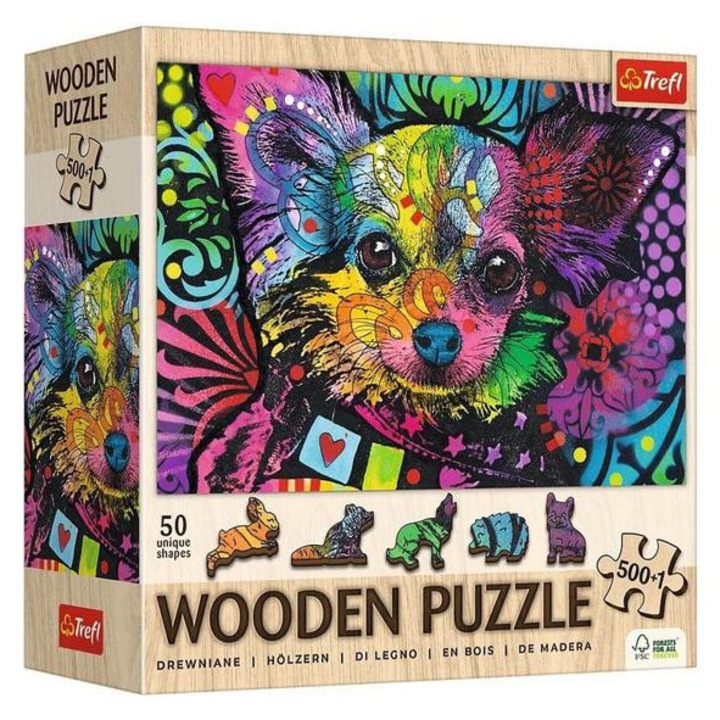 Trefl Дървен пъзел от 501 части - Цветно кученце (20218)