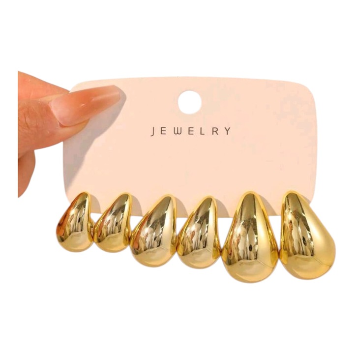 Cercei aurii, forma de lacrima, din aliaj, set 3 perechi