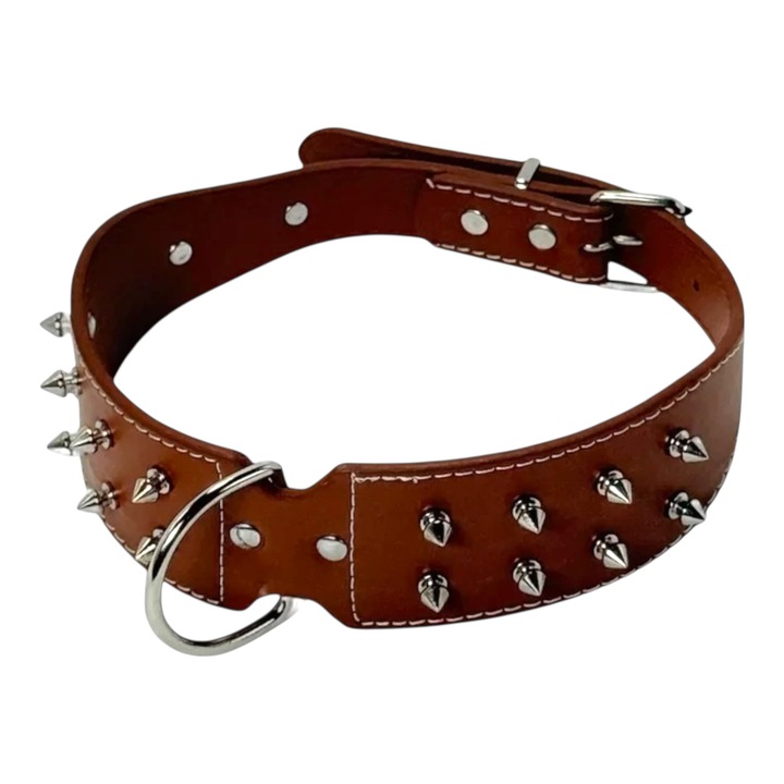 OEM Széles nyakörv fém célpontokkal, kutyáknak, PU bőr, robusztus és állítható kialakítás, ideális nagy fajtáknak, 65x5 cm, barna