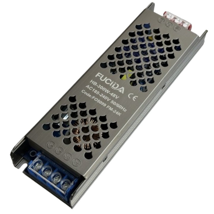 Sursa Alimentare Banda LED, Retro Electrica®, FUCIDA, 210x64x30mm, Sursa Alimentare Banda LED 300W 48V, Sursa Alimentare Banda LED AC185-240V 50/60Hz, Sursa Alimentare Banda LED Stabilizata, IP20, Carcasa Metalica Interior, Gri