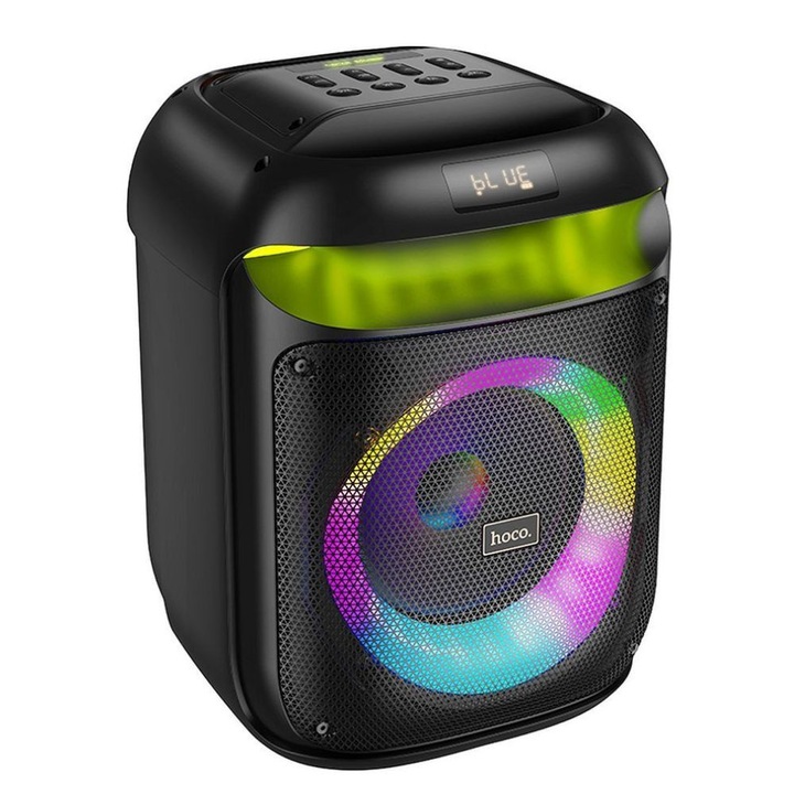 Bluetooth високоговорител HOCO + 2 x HA13 безжични микрофона, 8-инчов широколентов високоговорител + 1,3-инчов високочестотен говорител, 5-6 часа живот на батерията, 40 W (номинална) 60 W (пикова), черен
