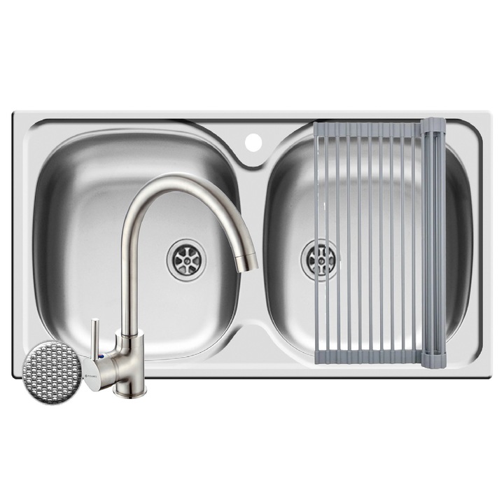 Set chiuveta inox Pyramis E78, baterie BELLO si Roll Up, dimensiune 780x435mm, 2 cuve egale, adancime 150mm, montare pe blat, pipa inalta rotativa, finisaj antizgariere