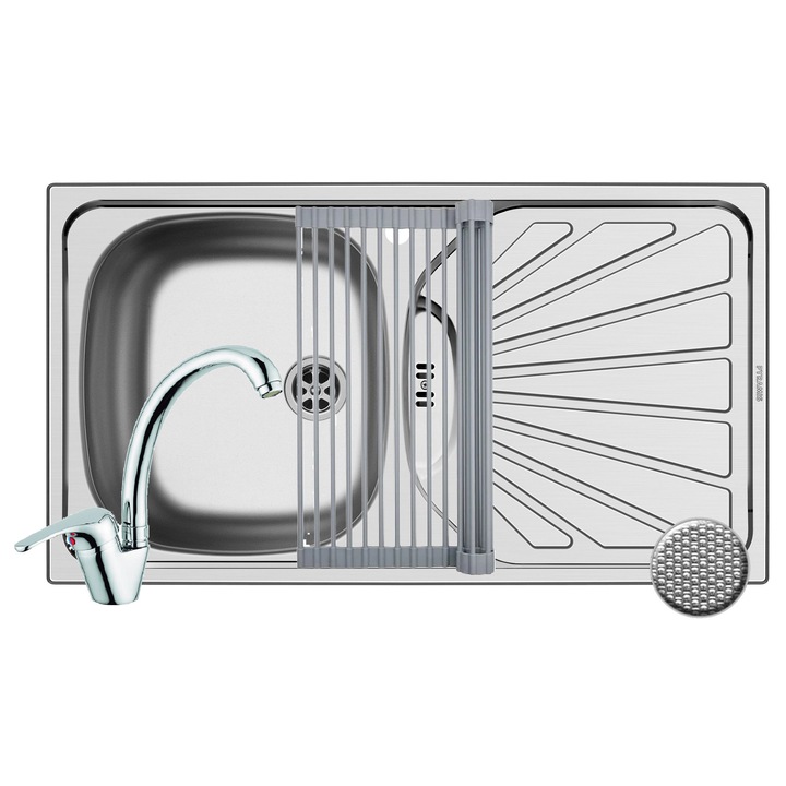 Set chiuveta inox Pyramis ET 78, baterie SERENO si Roll Up, dimensiune 780x435mm, orientare cuva stanga, adancime 150mm, montare pe blat, pipa inalta rotativa, finisaj antizgariere