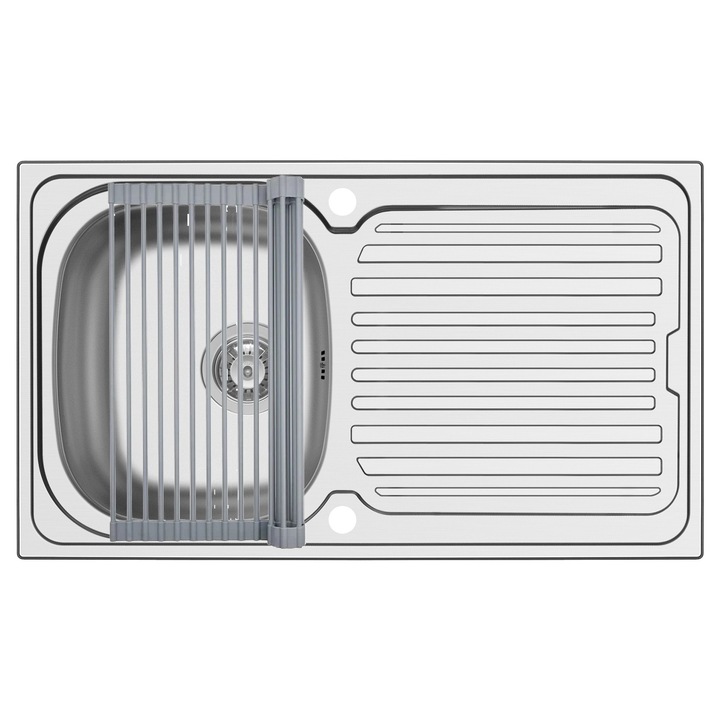 Set chiuveta inox Pyramis AURORA si Roll Up, dimensiune 860x500mm, reversibila, adancime 150mm, montare pe blat, suport pliabil multifunctional, finisaj lucios