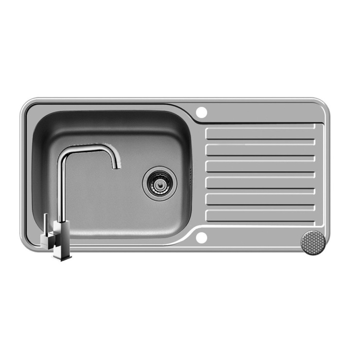 Set chiuveta inox Pyramis SPACE PLUS, baterie ADELITA si Roll Up, dimensiune 960x480mm, reversibila, adancime 200mm, montare pe blat, pipa inalta dreapta, finisaj antizgariere