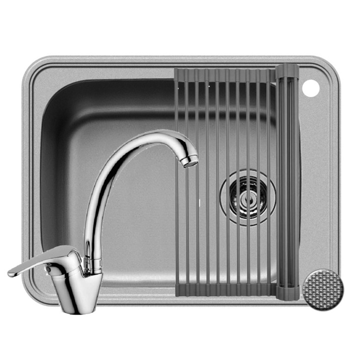 Set chiuveta inox Pyramis SPACE PLUS, baterie SERENO si Roll Up, dimensiune 610x480mm, 1 cuva mare, adancime 200mm, montare pe blat, pipa inalta rotativa, finisaj antizgariere