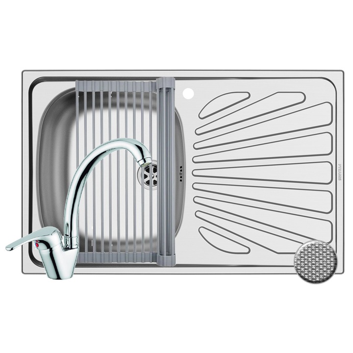 Set chiuveta inox Pyramis Creta, baterie SERENO si Roll Up, dimensiune 755x480mm, orientare cuva stanga, adancime 150mm, montare pe blat, pipa inalta rotativa, finisaj antizgariere