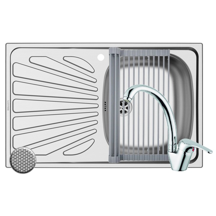 Set chiuveta inox Pyramis Creta, baterie SERENO si Roll Up, dimensiune 755x480mm, orientare cuva dreapta, adancime 150mm, montare pe blat, pipa inalta rotativa, finisaj antizgariere