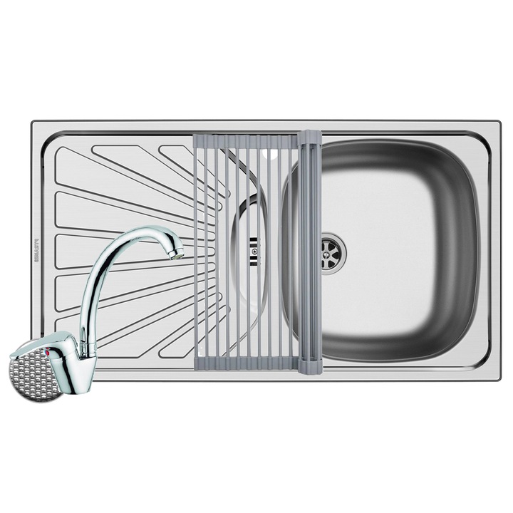 Set chiuveta inox Pyramis ET 78, baterie SERENO si Roll Up, dimensiune 780x435mm, orientare cuva dreapta, adancime 150mm, montare pe blat, pipa inalta rotativa, finisaj antizgariere