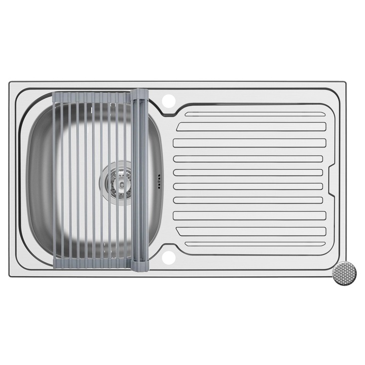 Set chiuveta inox Pyramis AURORA si Roll Up, dimensiune 860x500mm, reversibila, adancime 150mm, montare pe blat, suport pliabil multifunctional. finisaj antizgariere
