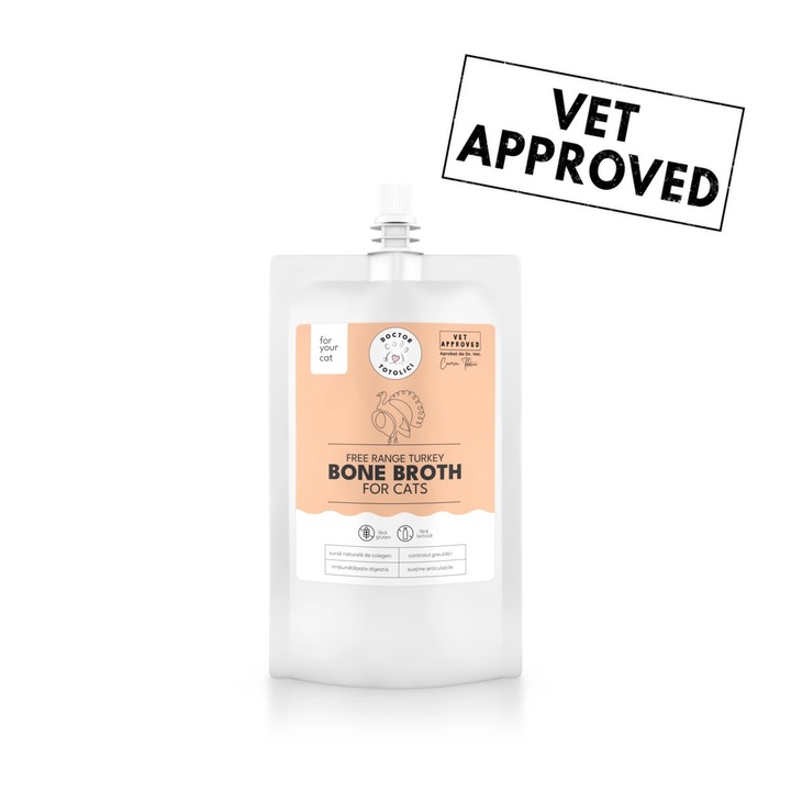 Supa de oase de curcan bio pentru pisici Doctor Totolici, cu dop resigilabil, 150 ml, 1 plic