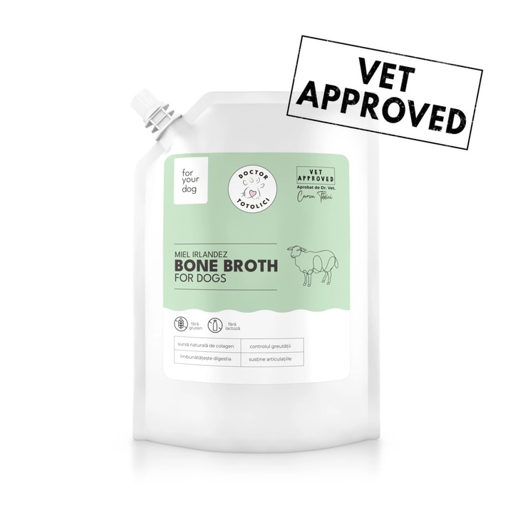 Supa de oase de miel irlandez pentru caini Doctor Totolici, cu dop resigilabil, 350 ml, 1 plic