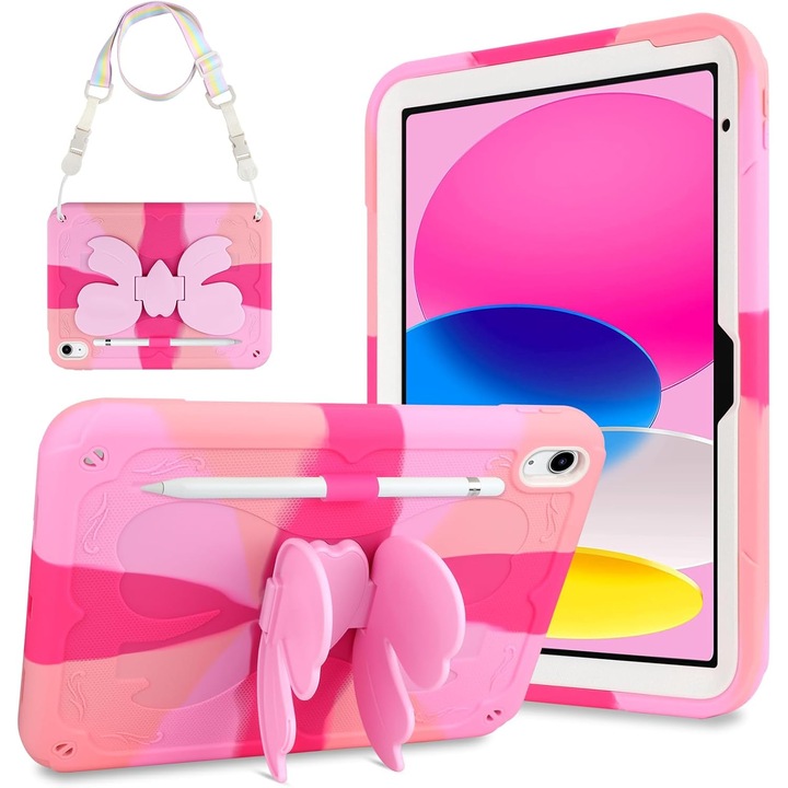 Védőtok iPad Gen11, 11 hüvelykes 2025 A16 és Gen 10, 10, 9 hüvelykes 2022 készülékekhez, pillangós állvánnyal, tolltartóval, megerősített szélekkel, vállpánttal, ütésálló tokkal, rózsaszín
