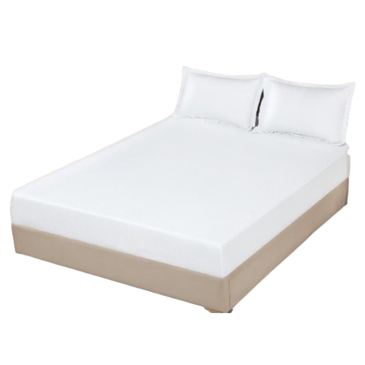 Husa de Pat si 2 Fete de Perna, cu Elastic, Damasc, 2 Persoane, Uni, 180x200x30cm, Alb