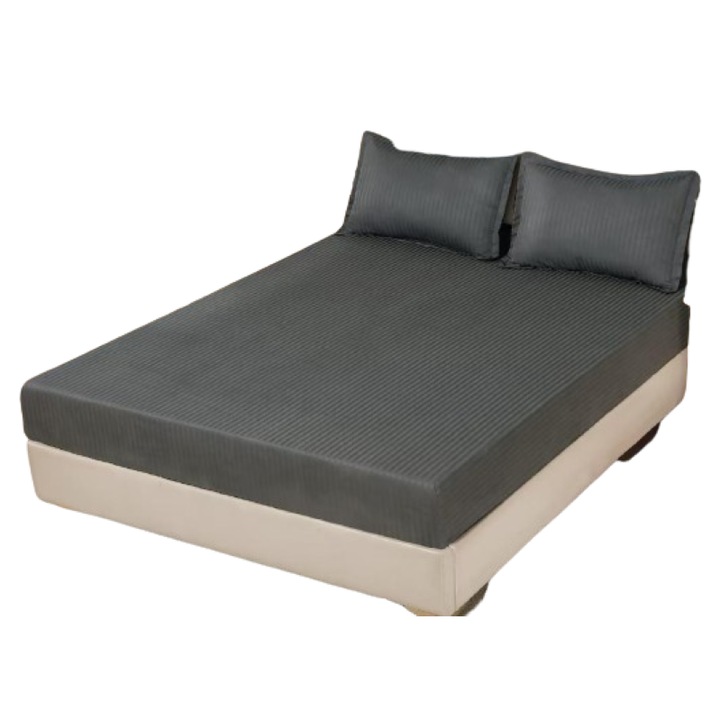 Husa de Pat si 2 Fete de Perna, cu Elastic, Damasc, 2 Persoane, Uni, 180x200x30cm, Gri Inchis