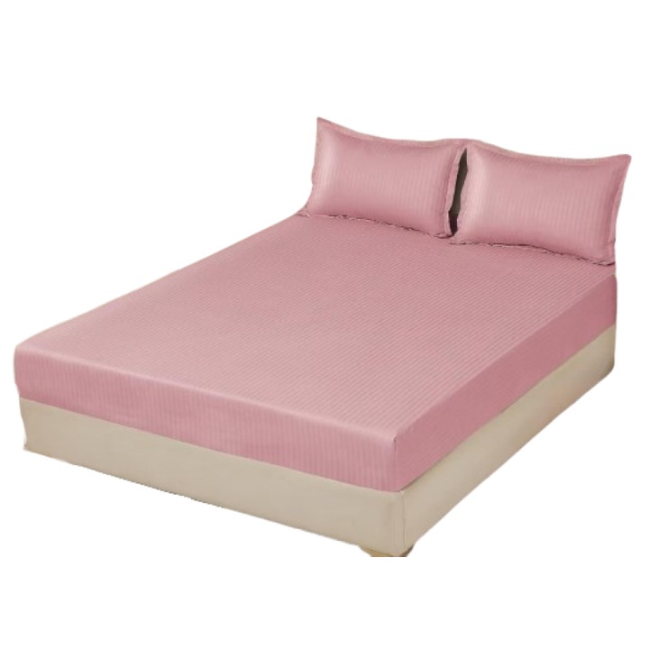 Husa de Pat si 2 Fete de Perna, cu Elastic, Damasc, 2 Persoane, Uni, 180x200x30cm, Roz