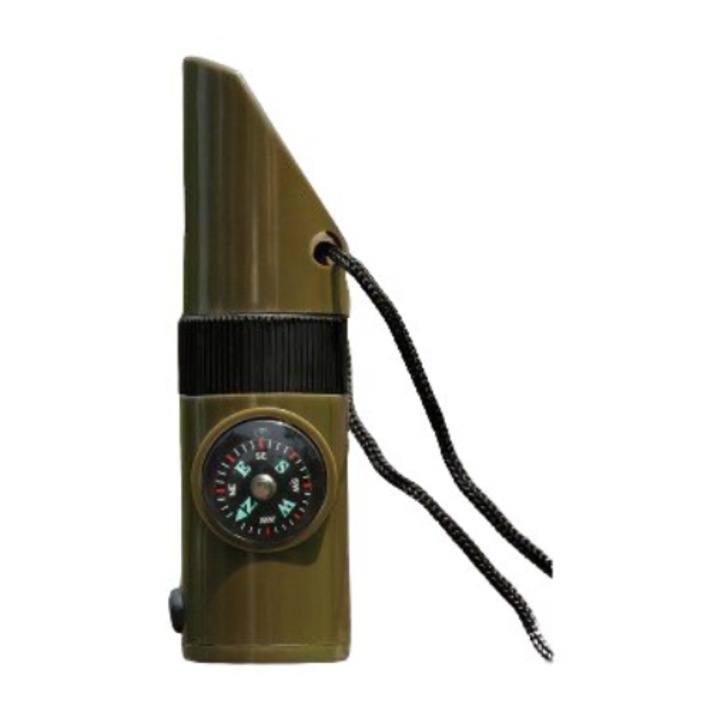 Dispozitiv supravietuire 7in1, lupa/fluier/termometru/busola/oglinda/LED/depozitare medicamente, ABS, cu snur, 9.7x2.8cm, Verde