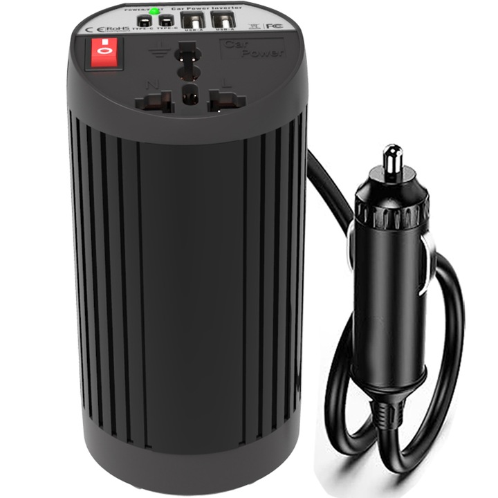 Автомобилен инвертор 12V, изходно напрежение 220V, Изходна мощност 200W-400W, Автомобилна запалка, HouDeOS®, захранващи изходи, 2 USB порта и 2 TYPE-C порта, 68 x 133 мм, Черен