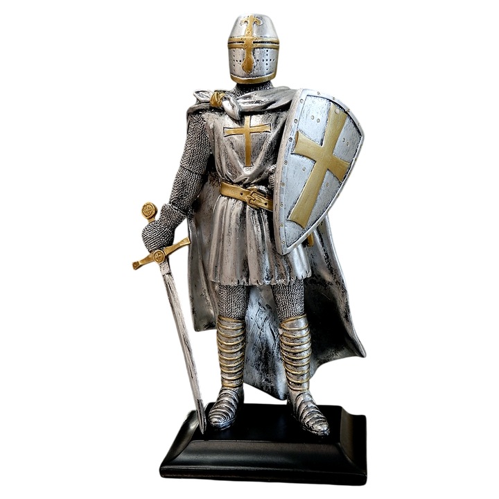 Statueta decorativa Cavaler medieval cu scut si sabie, polirasina metalizata, 23cm, armura argintie, decor colectie