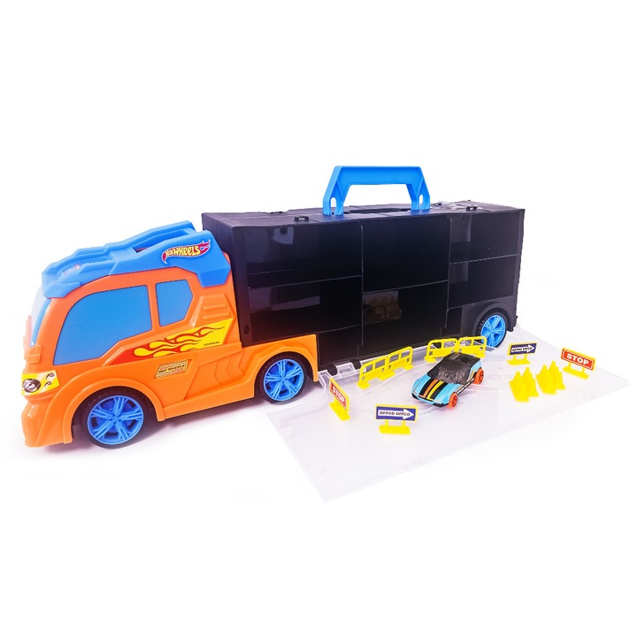 Hot Wheels Transporter, 12 darabos kisautó készlet, narancssárga-fekete, közlekedési táblákkal, 3 éves kortól