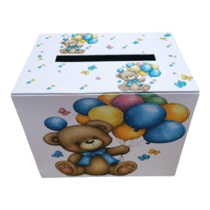 Kartonból készült keresztelői ajándékdoboz maci mintával és kék lufikkal