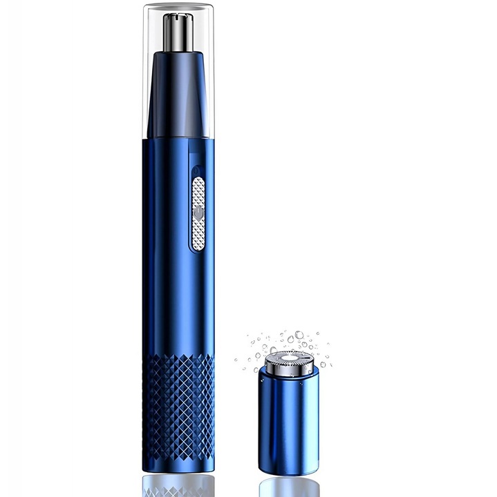 Aparat Tuns Par Nas si Urechi HASEPE, Trimmer Facial Electric USB, Lame Otel Inoxidabil, Cap Rotativ, Design Compact 15x1cm, Curatare Usoara, Albastru