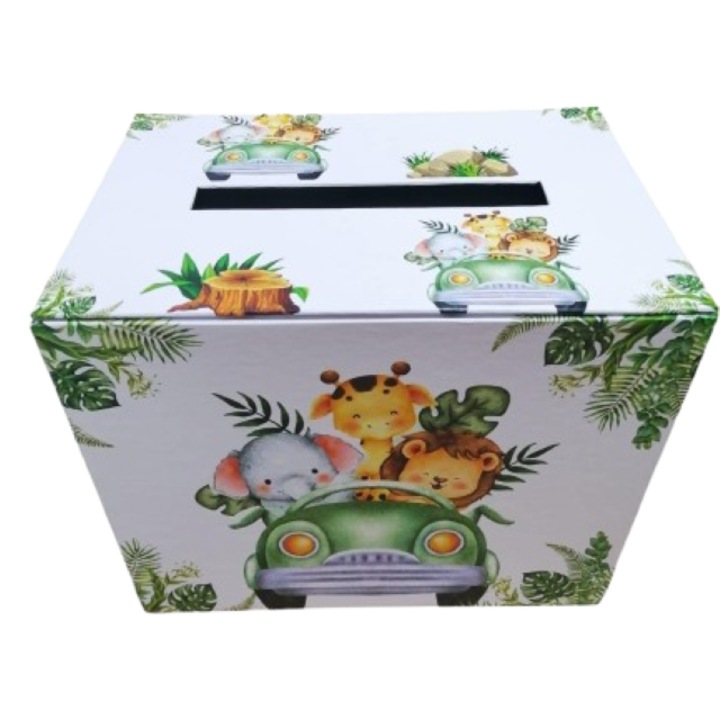 Cutie pentru dar Botez din carton cu imprimeu safari, verde