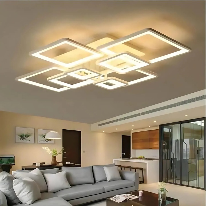 LED полилей Ella 203W, 8 квадратни крушки, димируем с дистанционно управление, 3 цвята на светлината (студен/топъл/неутрален), модерен геометричен дизайн, бял, идеален за дневни и големи пространства