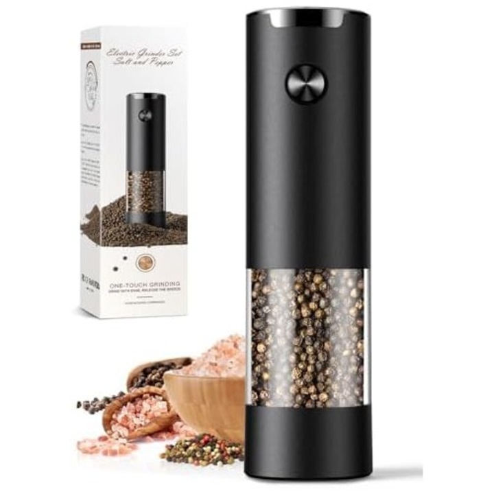 Elektromos só- és borsőrlő, automata, elemes, állítható vastagságú, könnyen tölthető, továbbfejlesztett nagyobb kapacitású, fekete LED-del