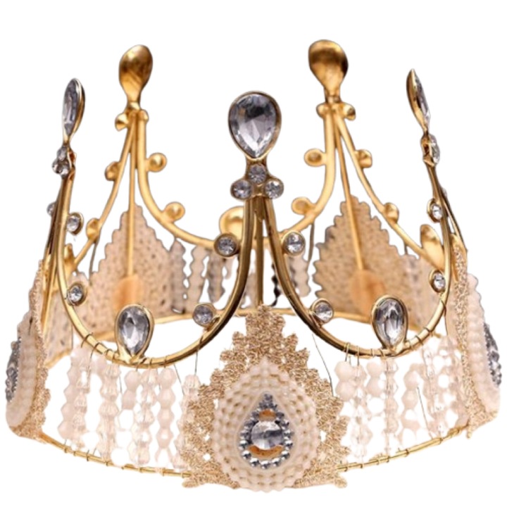 Coronita vintage aurie cu pietre si strasuri, ®VERSAGO, decoratiune pentru ornat torturi, prajituri si aranjamente 12.5x7 cm