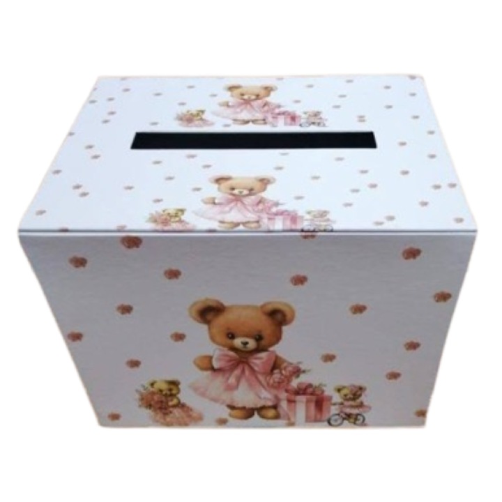 Cutie pentru dar Botez din carton cu imprimeu urs, roz