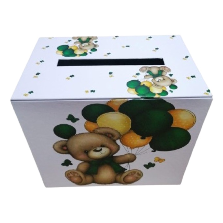 Cutie pentru dar Botez din carton cu imprimeu urs cu baloane verzi
