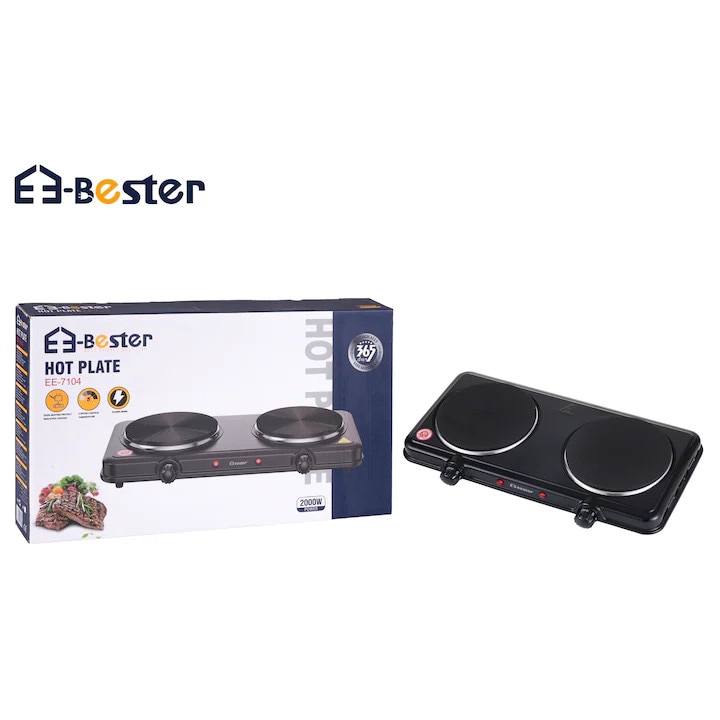 Plita Electrica Bester EE-7104 Cu Doua Ochiuri Din Fonta, 2000W, 5 Nivele De Temperatura Independente, Protectie La Supraincalzire Si Design Compact Pentru Gatit Rapid In Orice Spatiu