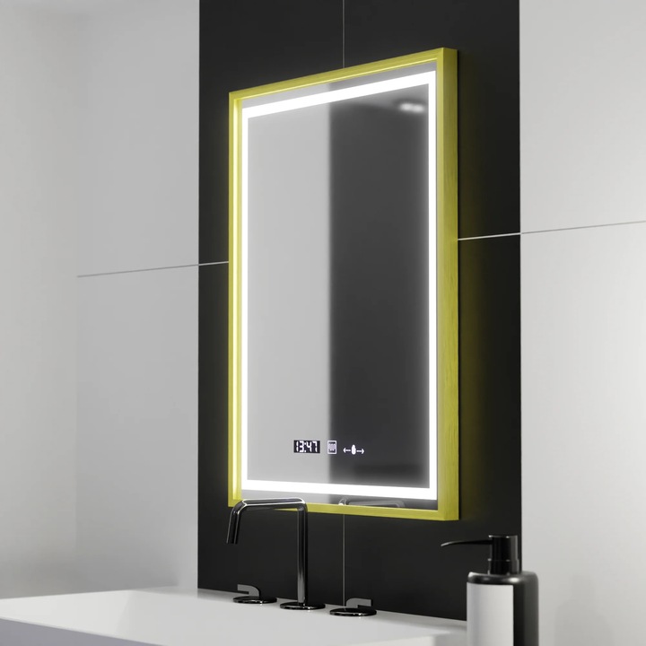 Oglinda LED Rectangulara, 50x70cm, Alb, Verite Royale Gold Motion Glow Marcello, Sistem Dezaburire, Ceas & Termometru, Dimabila