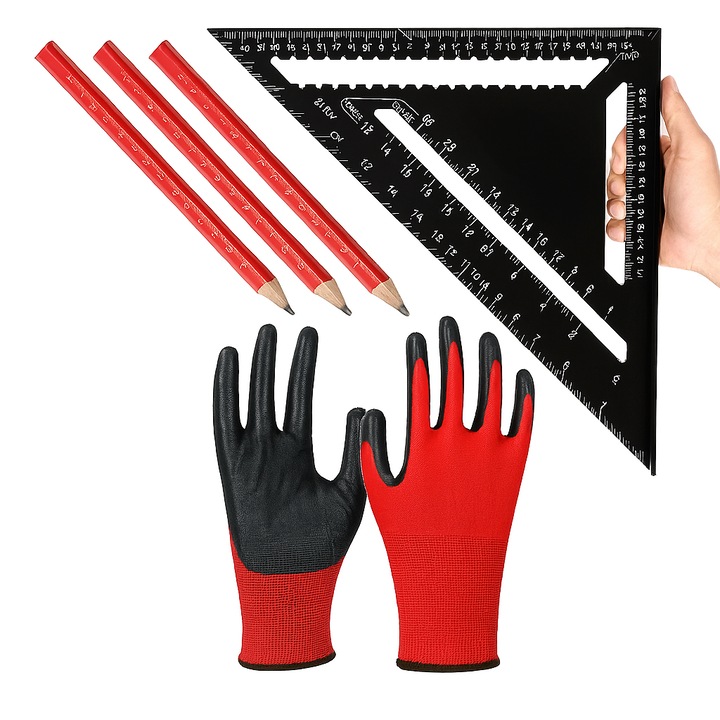 Set echer tamplar, 3 creioane si manusi, Zola, aluminiu, unghiuri 90° si 45°, 180 x 180 x 4.5 mm, cu picior, margini finisate, triunghiular, negru