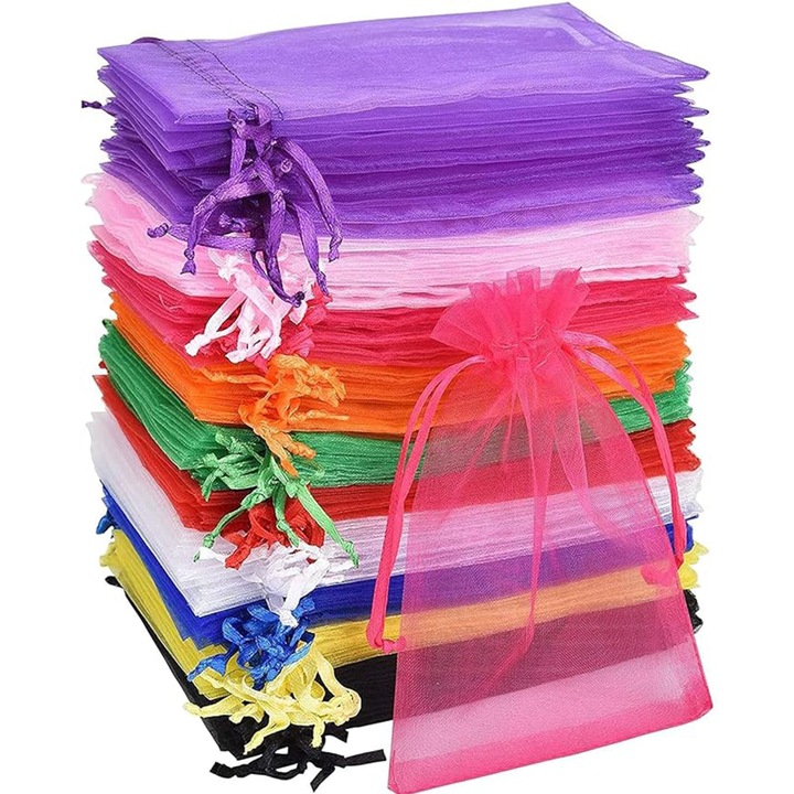 Set 100 Saculeti Cadou din Plasa Organica AYSTOAYS®, pungute cadou din organza, inchidere cu panglica, pungute pentru bijuterii, saculeti pentru nunta, saculeti pentru lavanda, festival, multicolori, 10x15cm