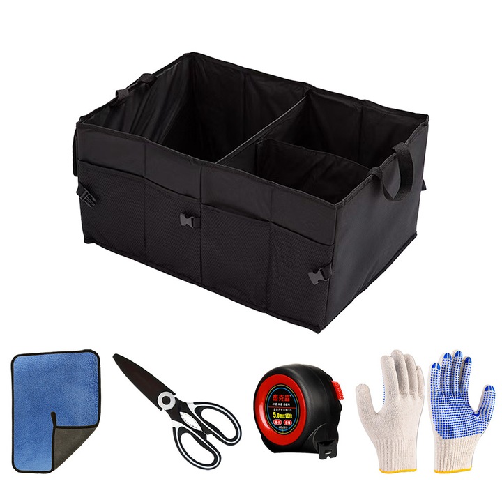 Set cutie depozitare auto, 5 piese, Foarfece din otel, ruleta, manusi de munca, negru