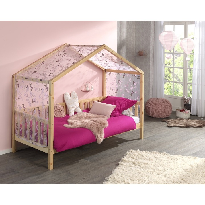 Set Pat Casuta, cu Protectie si Perdea Fluturi, Natur, 90 x 200 cm, Pin Masiv – Dallas – Vipack