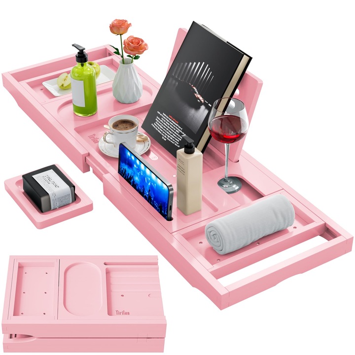 Tava premium pentru cada - Tava extensibila pentru cada - Cadouri unice pentru casa noua, XICENRM®, cadouri pentru cupluri cu ocazia aniversarii sau nuntii, cadou pentru petrecerea burlacelor - roz