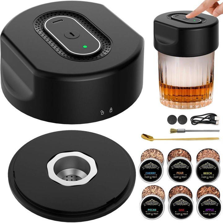 Kit electric de afumare whisky AuroraLink, 6 arome chips de lemn, pentru cocktailuri, pentru barbati