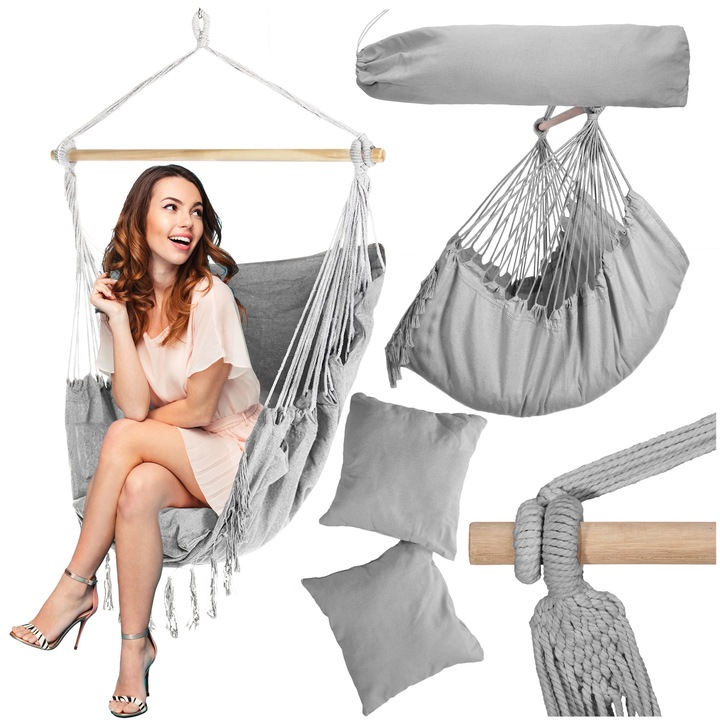 Бразилско кресло Bahio, сиво, с 2 възглавници, размери 130x100x100 см, товароносимост 120 кг, пълен комплект