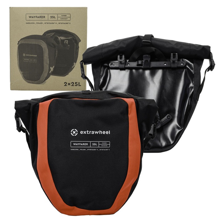 Genti bicicleta laterale Extrawheel WayFarer, set 2x25L (total 50L), poliester impermeabil, negru