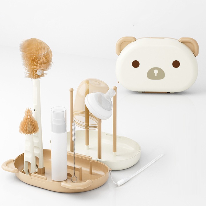 Set 5 in 1 pentru curatarea biberoanelor, perie din silicon, perie pentru tetine, perie pentru pai, dozator de sapun, suport de uscare, cu cutie portabila de calatorie, 17.7x12.6cm, Bej