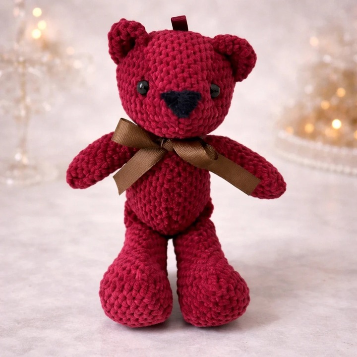 Ursulet de plus crosetat Robi, cu fundita, Inaltime 18 cm, Bordo, Velve