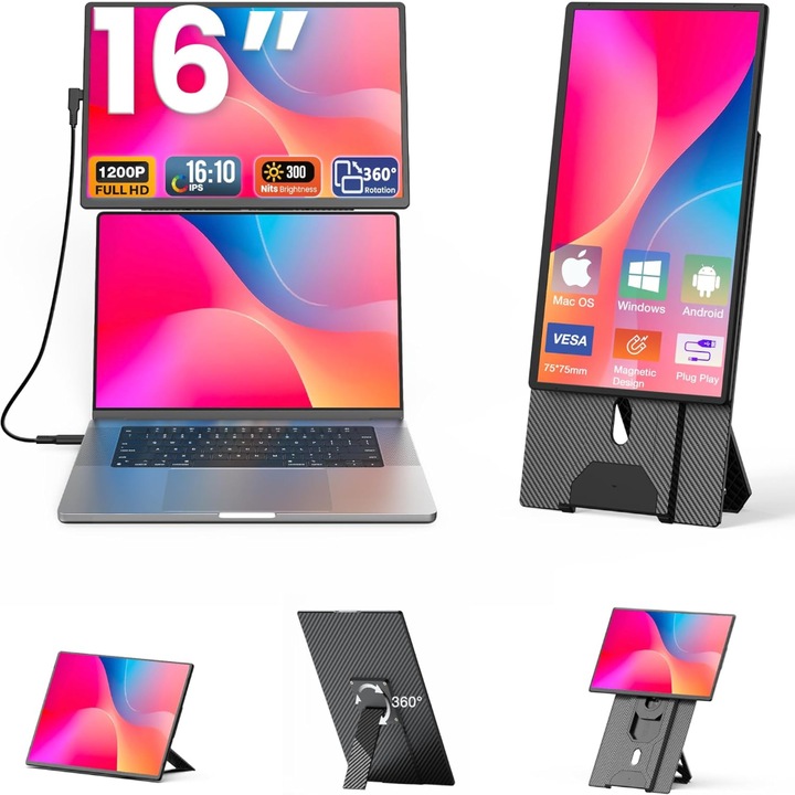 Dupla Kihúzható Monitor Laptophoz, 16 hüvelykes Képernyő, IPS Full HD 1200P, 60Hz, 1000:1 Kontraszt, 360°-os Elforgatás, Windows/MacOS/Linux/Android Kompatibilis, Hordozható és Összecsukható, Plug & Play, USB-C Port, Állvánnyal, Fekete