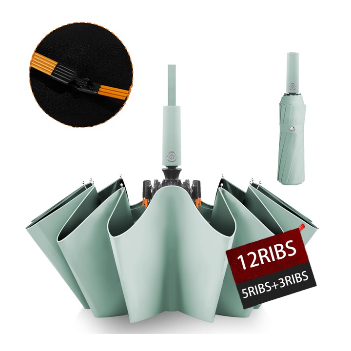 Сгъваем чадър за дъжд с калъф, устойчив на силен вятър, UV защита, водоотблъскващ материал, 12 подсилени спици (5+3 слоя), автоматично отваряне и затваряне, компактен модел, диаметър 108 см, рамка от стомана и фибростъкло, Ментово зелен