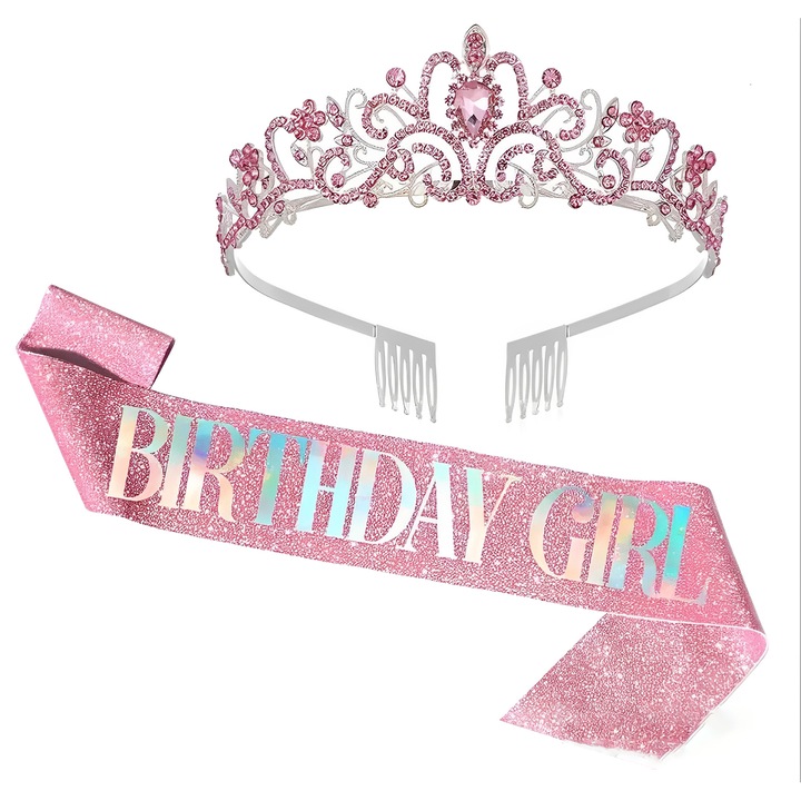 Комплект корона и панделка за принцеса, TREXORA, металическо розово, аксесоар за партита, идеален за рождени дни и специални поводи