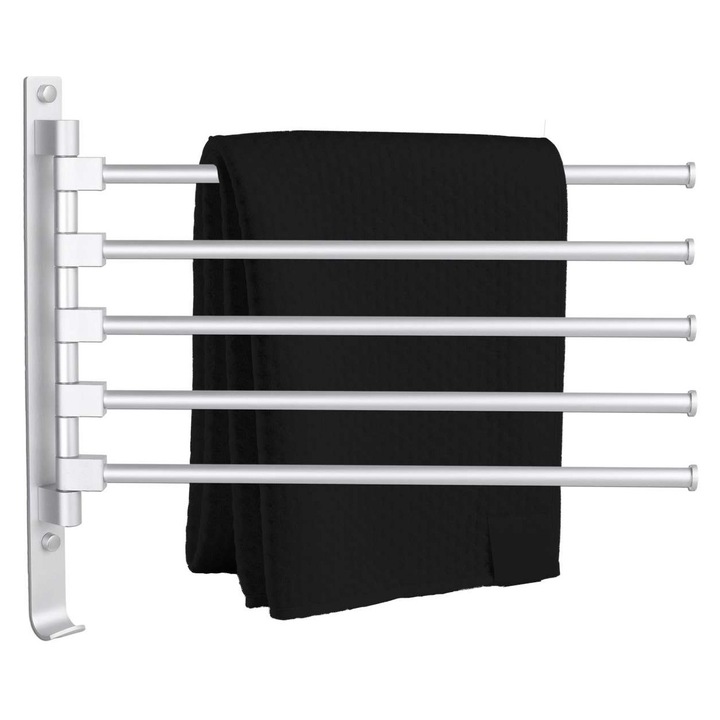 Suport pentru prosoape Tyros, 5 brate rotative, aluminiu, argintiu mat, 37,5x3x43cm, set complet