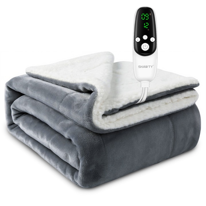 Elektromos Takaró, Shawty, 150W, Flanel & Sherpa, 200 x 180 cm, Gyors Fűtés, Távirányító, Ultra Puha, 1-12H Automatikus Kikapcsolás Időzítő, 10 Fűtési Szint, 220 GSM Anyag, Mosógépben Mosható, Világosszürke