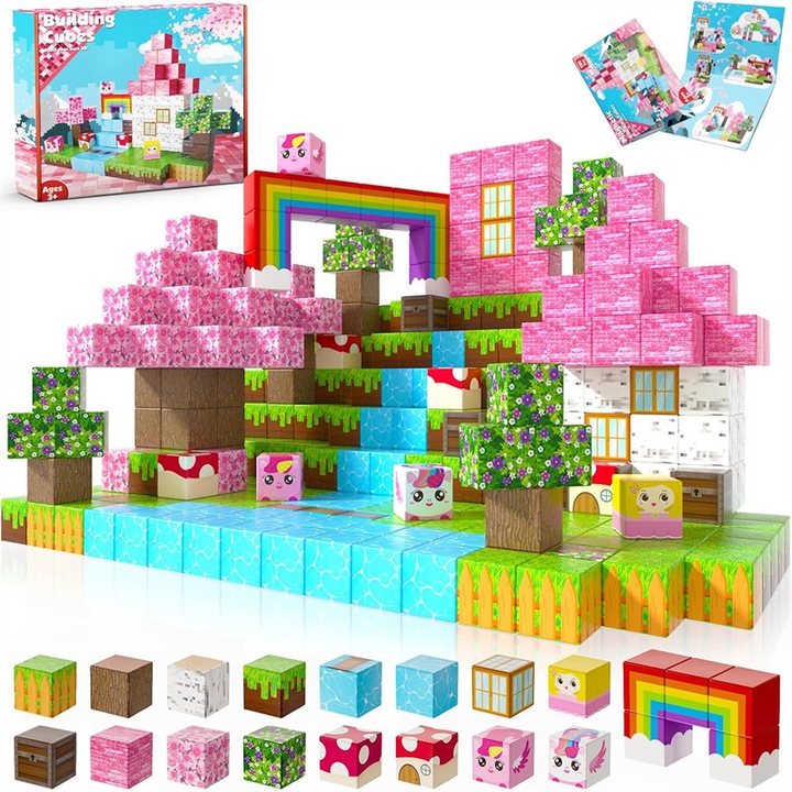 Set de constructie magnetic, tema unicorn, 100 piese, AjieQaQ, jucarie creativa, multicolor, pentru copii 4-8 ani